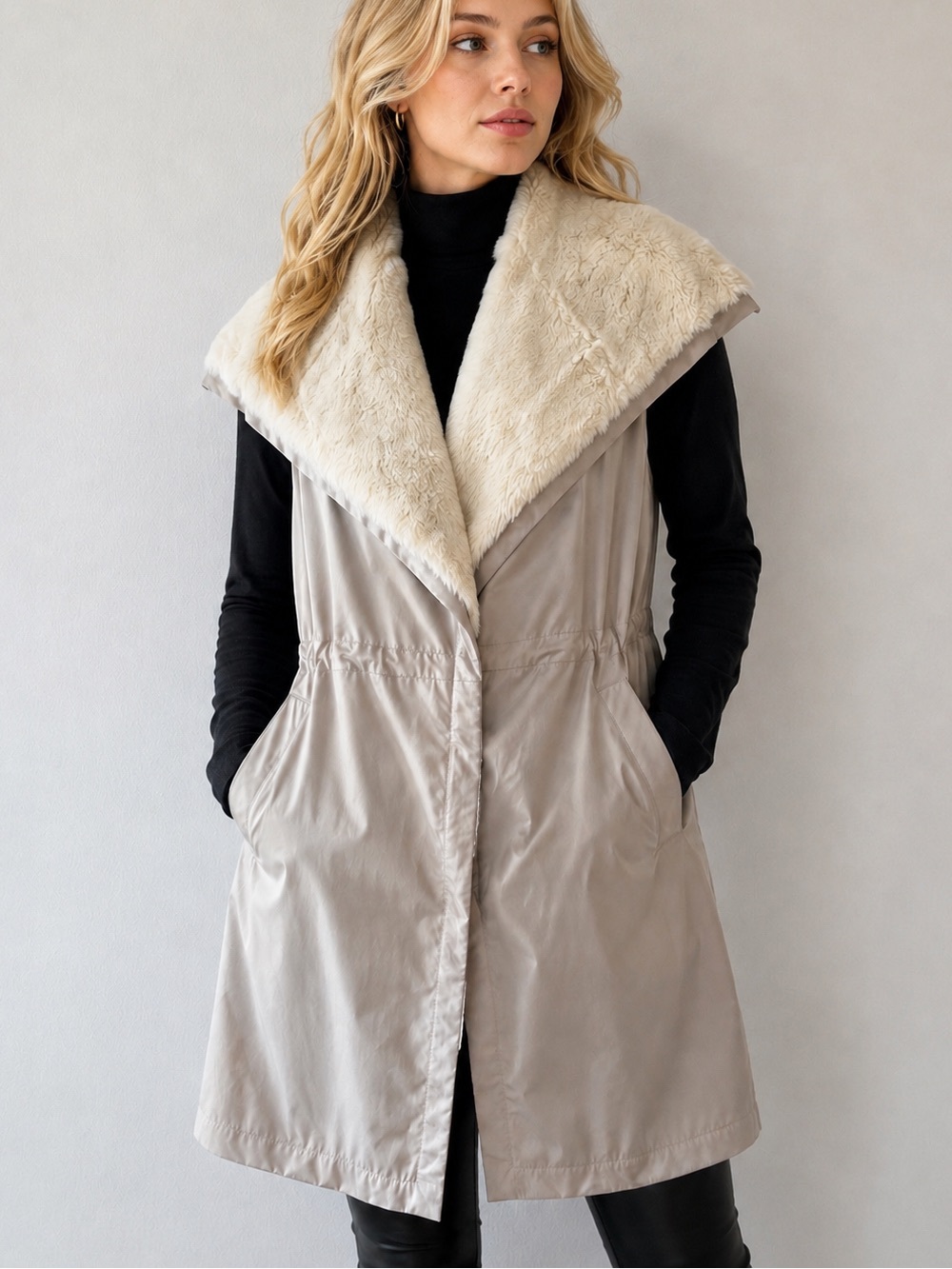 Lafayette 148 Ridley Faux Fur Lined Vest S Cream Beige Cinch Waist